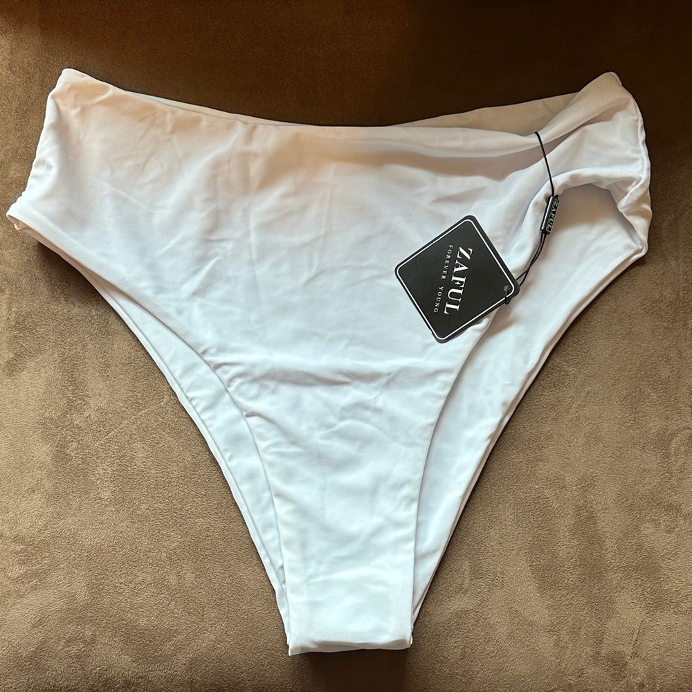 Zaful White Bikini Bottom classic high waist NWT SZ 10 Extra Large hi waist